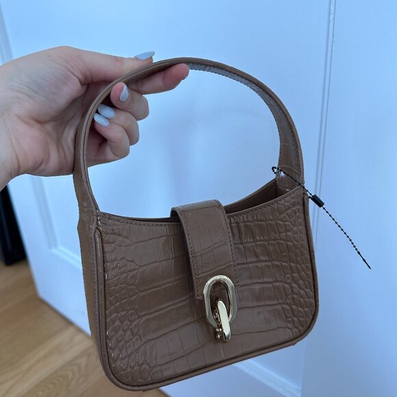 NWOT Anine Bing Mini Cleo Shoulder Bag Tan Croc-Embossed Leather Fold-over Flap - Picture 3 of 8